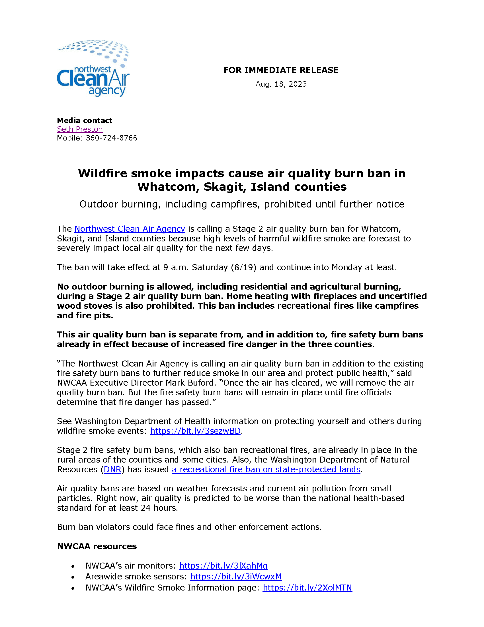 Image of Press Release for 081823 Burn Ban Stage 2