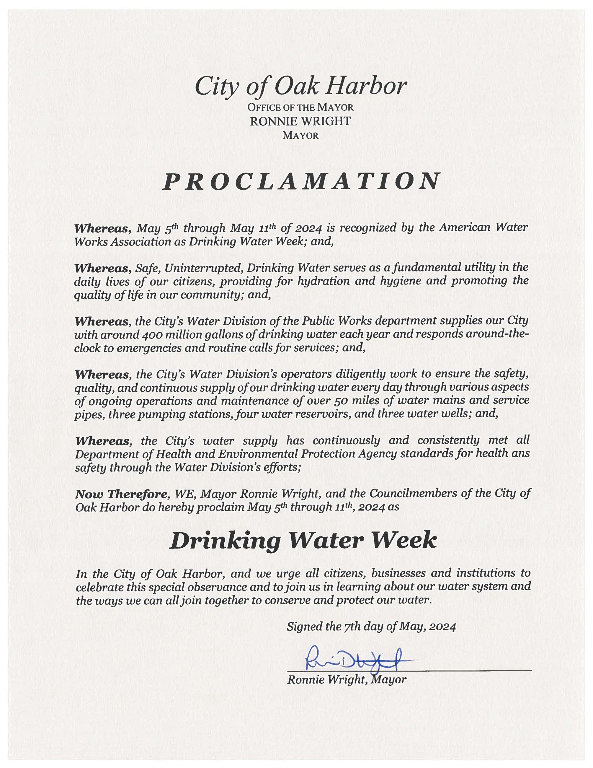 Signed Proclamation for Drinking Water Week