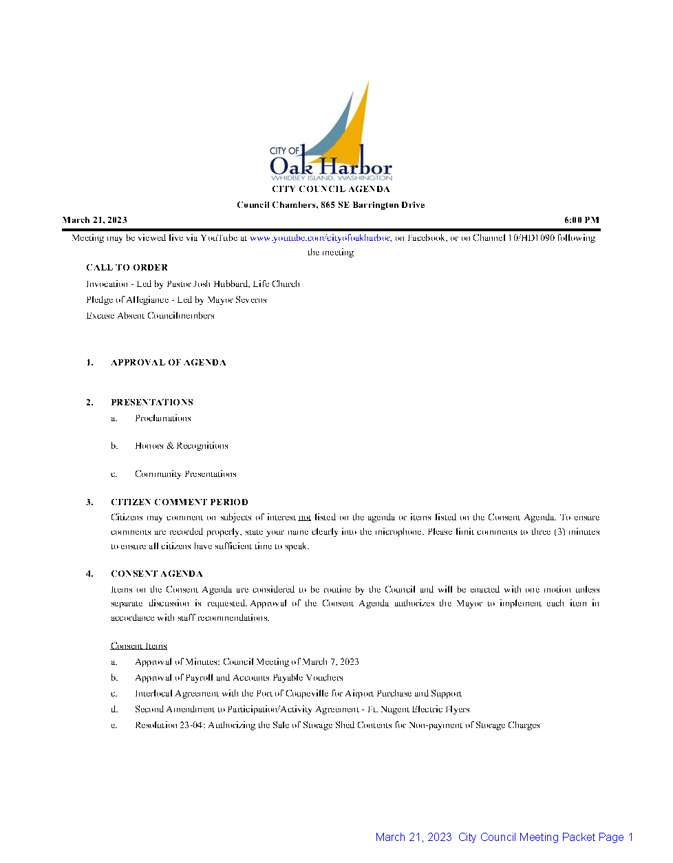 Image of the page one agenda - March 21, 2023 Regular Council Meeting 