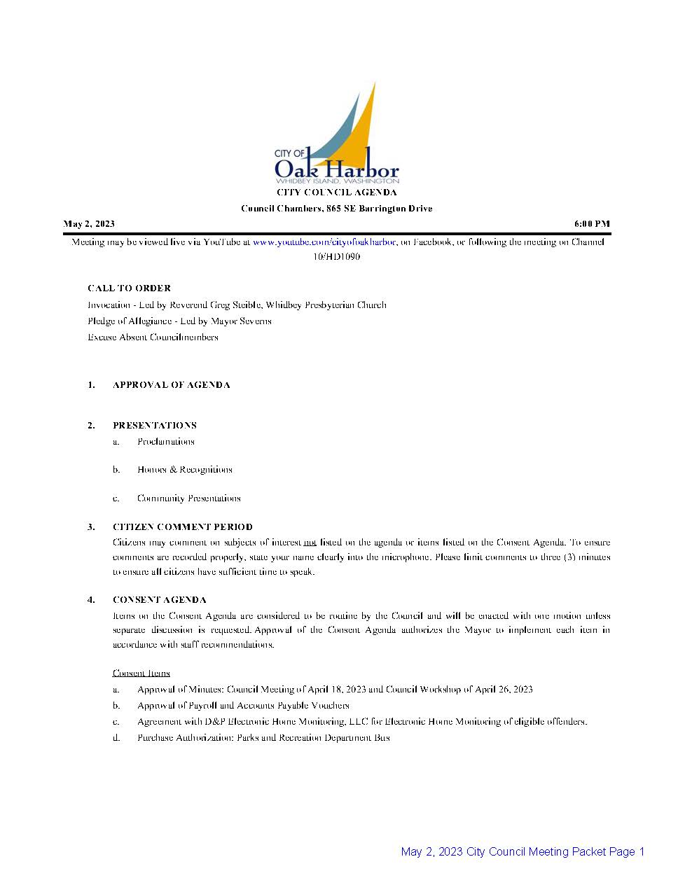 Image of May 2, 2023 City Council Agenda Page One
