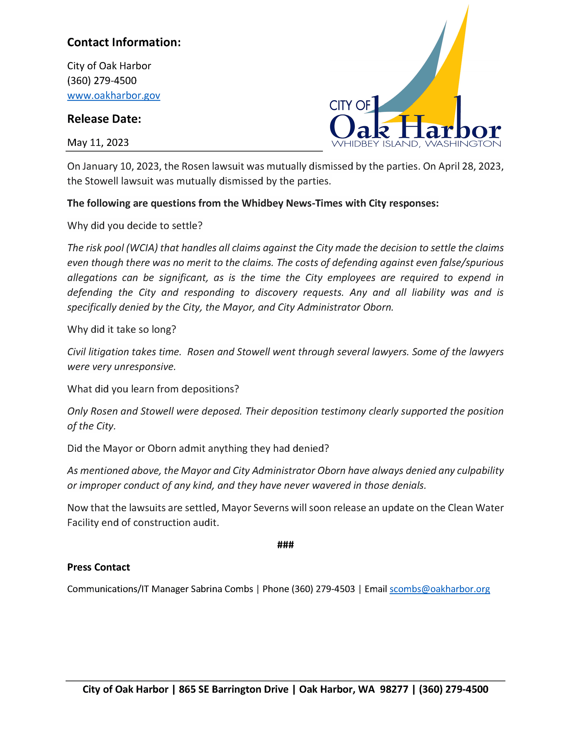 051123 NEWS RELEASE Rosen and Stowell Settlement Page 2 Image